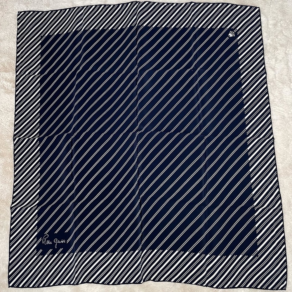 Rolex Geneve Navy Blue & White Striped 100% Silk Scarf Square